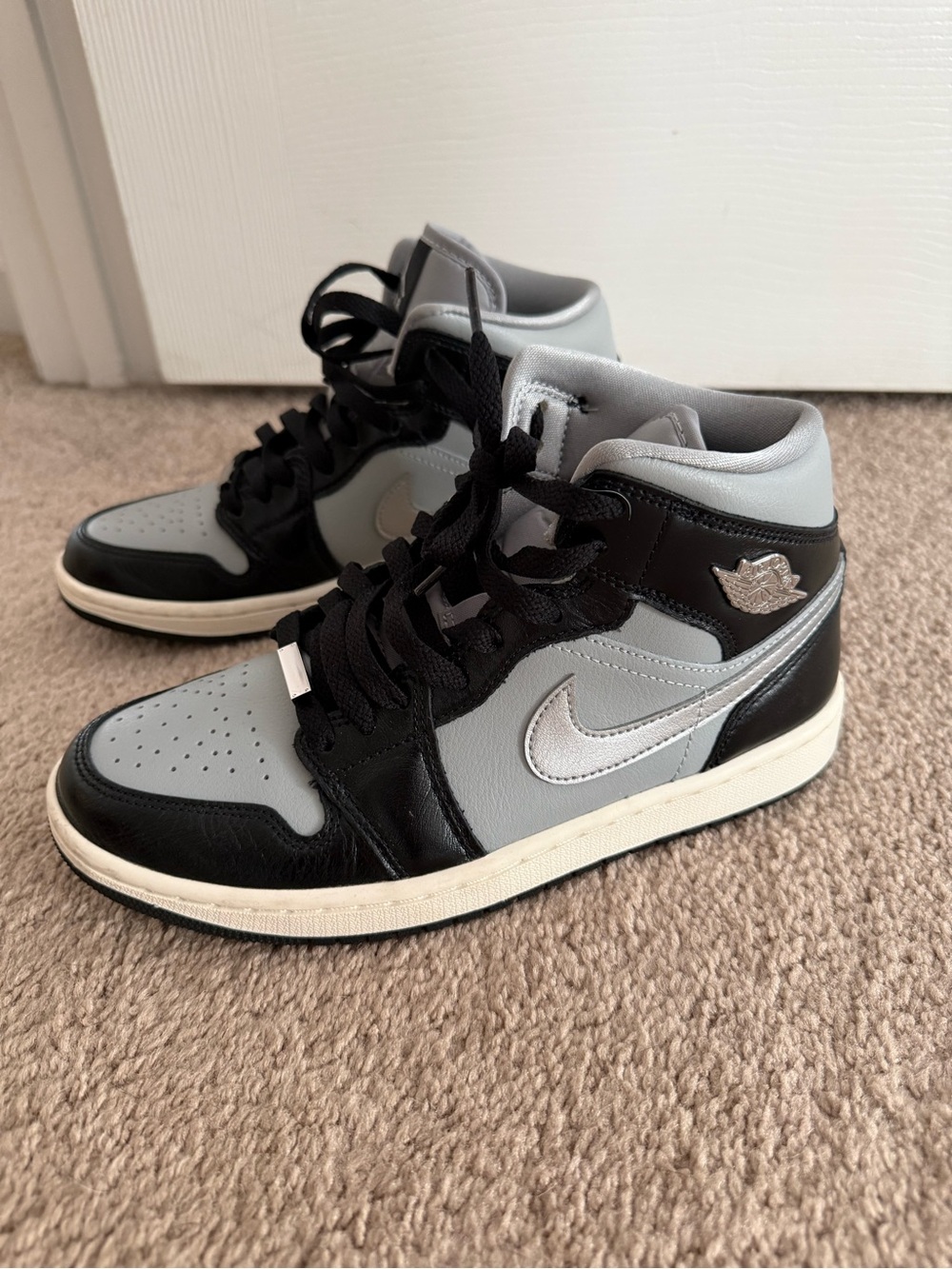Nike Air Jordan 1 Mid - Black and Gray with White Swoosh Womens 7.5